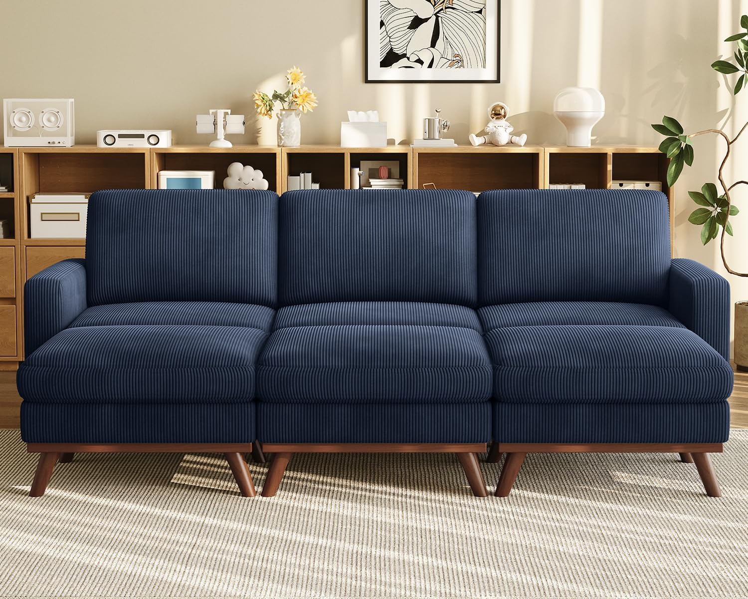 Vesgantti 97' Modular Sectional Sofa Drak Blue, Sectional Couch with Movable Ottoman, Comfy Corduroy Couch with Spring Cushion, Modular Sofa with Deep Seat for Living Room, Bedroom and Apartment