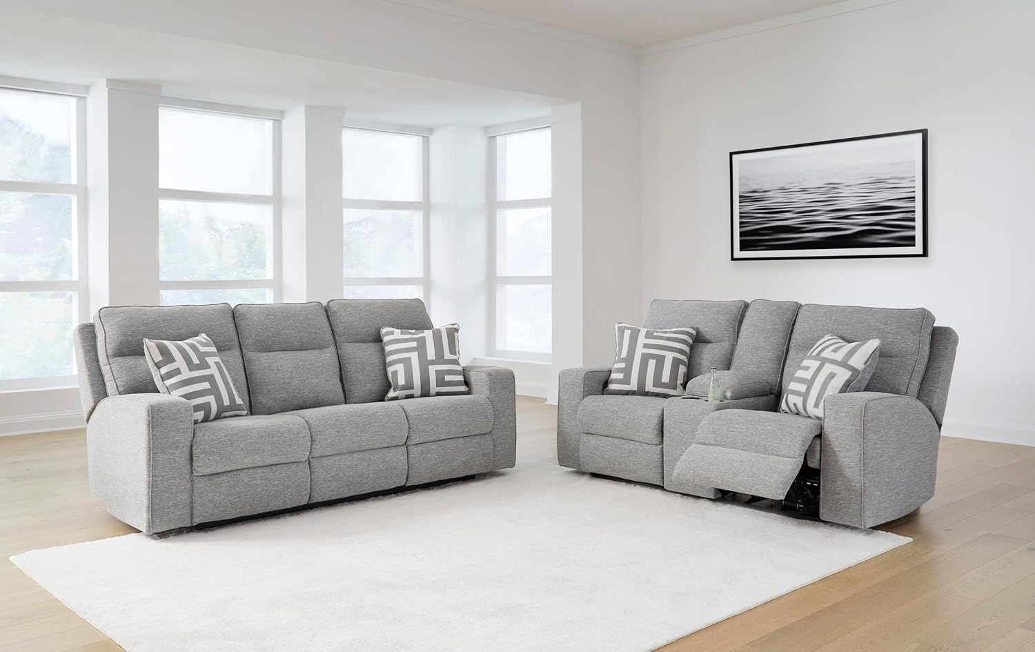 Signature Design by Ashley Biscoe Casual UV Resistant Power Reclining Loveseat with Console, Adjustable Headrest and USB Ports, Light Gray