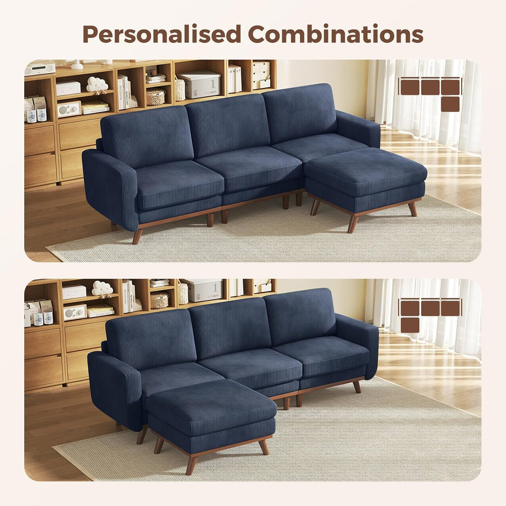 Vesgantti 97' Modular Sectional Sofa Dark Blue, L-Shaped Couch with Movable Ottoman, Comfy Corduroy Couch with Spring Cushion, Modular Sofa with Deep Seat for Living Room, Bedroom and Apartment
