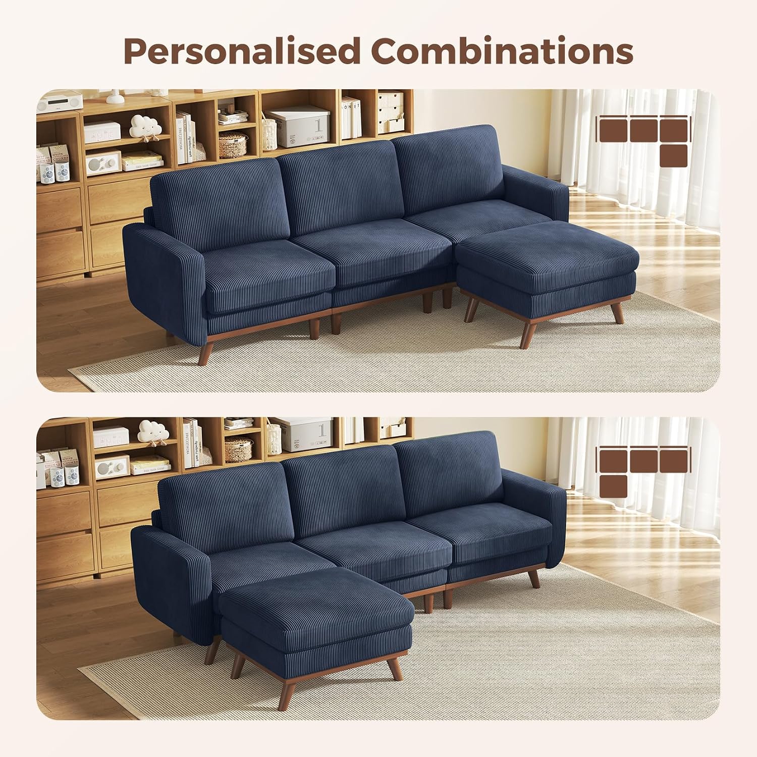 Vesgantti 97' Modular Sectional Sofa Dark Blue, L-Shaped Couch with Movable Ottoman, Comfy Corduroy Couch with Spring Cushion, Modular Sofa with Deep Seat for Living Room, Bedroom and Apartment