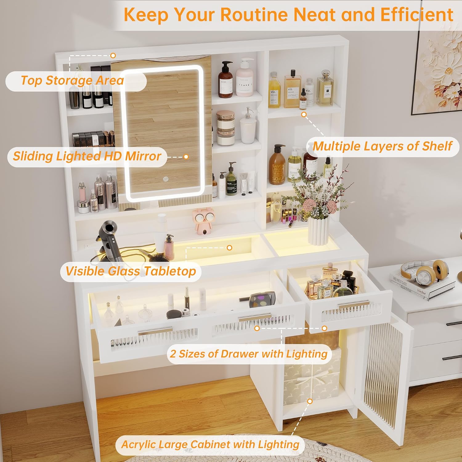 Hadulcet White Vanity Desk with Mirror and Lights, 43' Makeup Vanity Desk with Glass Top, Power Outlets, 2 Drawers, 10 Shelves & Acrylic Cabinet, LED Vanity Table for Girls Women Gift