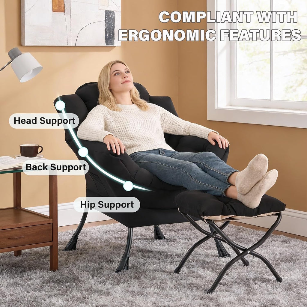 MBOOYOME Lazy Chair with Folding Ottoman, Modern Accent Lounge Armchair with Armrests and a Side Pocket & Foldable Footstool, Leisure Reading Chair for Living Room, Bedroom, Dorm & Office, Black