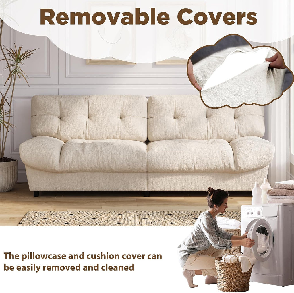 80' Cloud Couch, Chenille Cloud Sofa Overstuffed Love Seat Couches with Pillow Designed Armrest for Small Spaces, Deep Seat Two Seater Couch Loveseat Sofa, Beige White