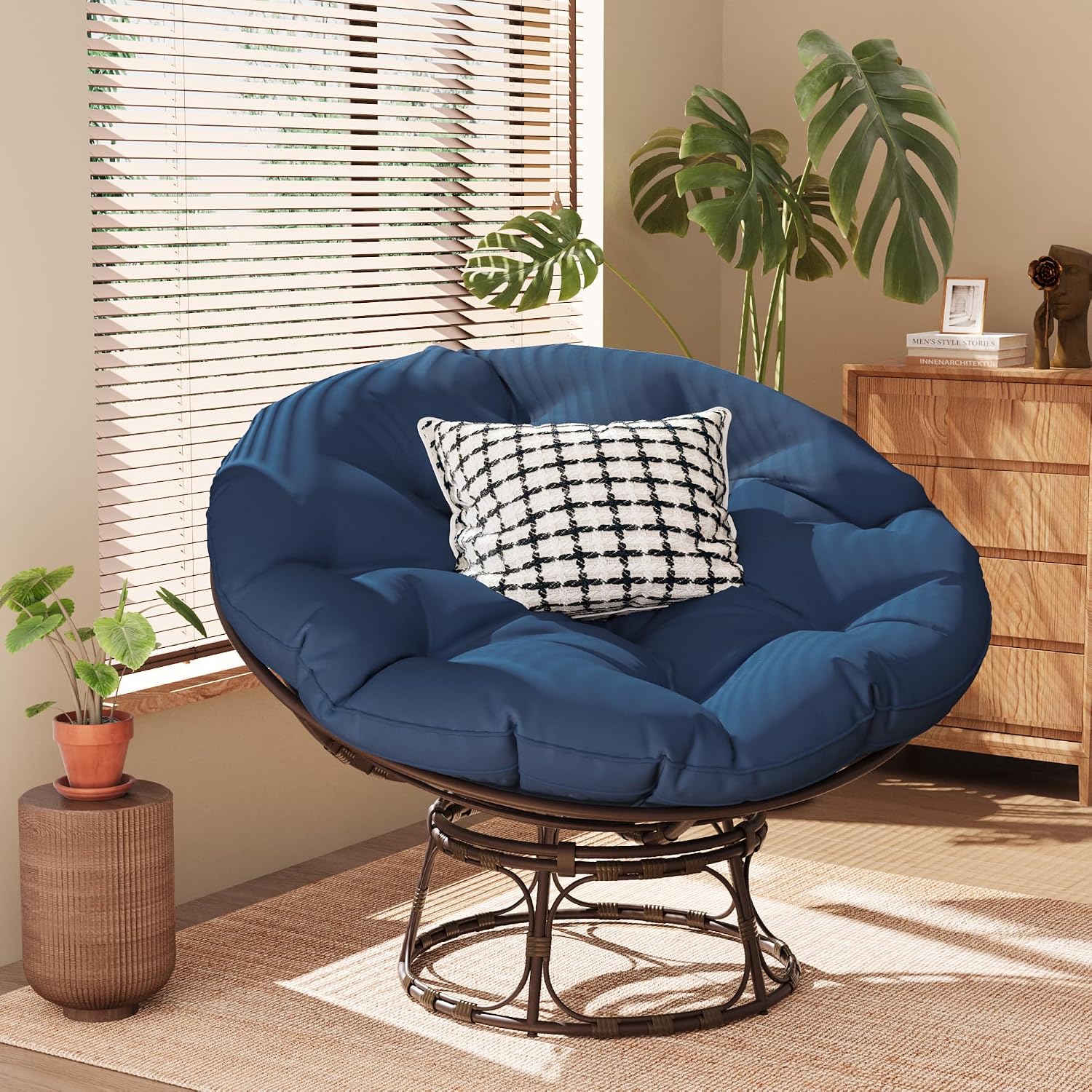46'' Large Size Papasan Chair with (Non-Swivel) Cushion and Frame, Living Room Chair for Reading, Navy Blue