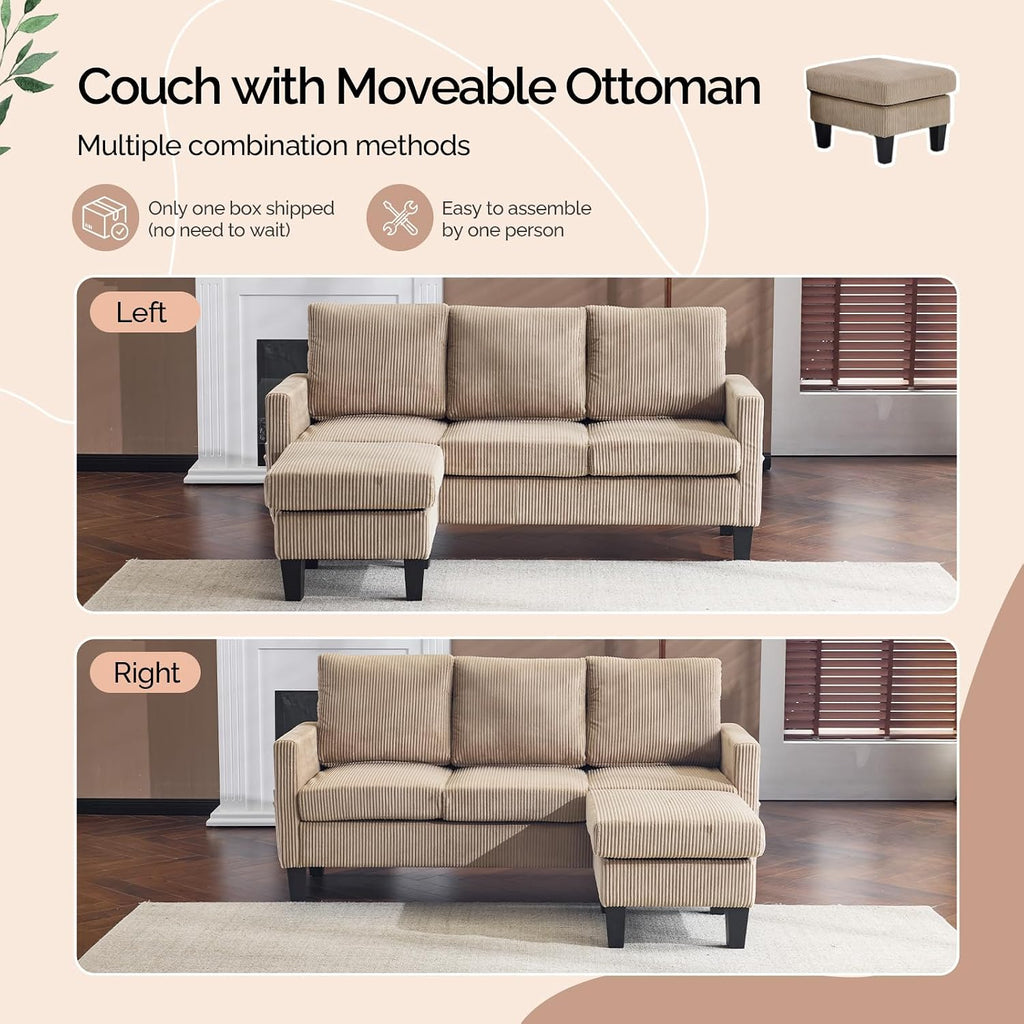 VINGLI 68.5' L Shaped Couch with Movable Storage Ottoman, Convertible Sectional Sofa in Soft Corduroy Fabric, Modern Reversible Chaise Couch for Small Spaces, Apartment, Living Room，Khaki