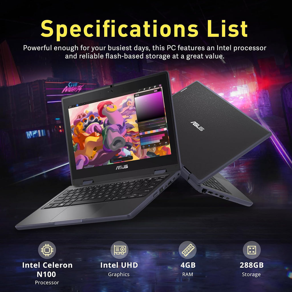 ASUS BR1102FGA 11.6' 2-in-1 Rugged & Spill Resistant Touchscreen Laptop, Intel Celeron N100, 4GB RAM, 288GB Storage(128GB SSD+160GB Docking Station Set), UHD Graphics, WiFi 6, Webcam, Win 11 Pro, Gray