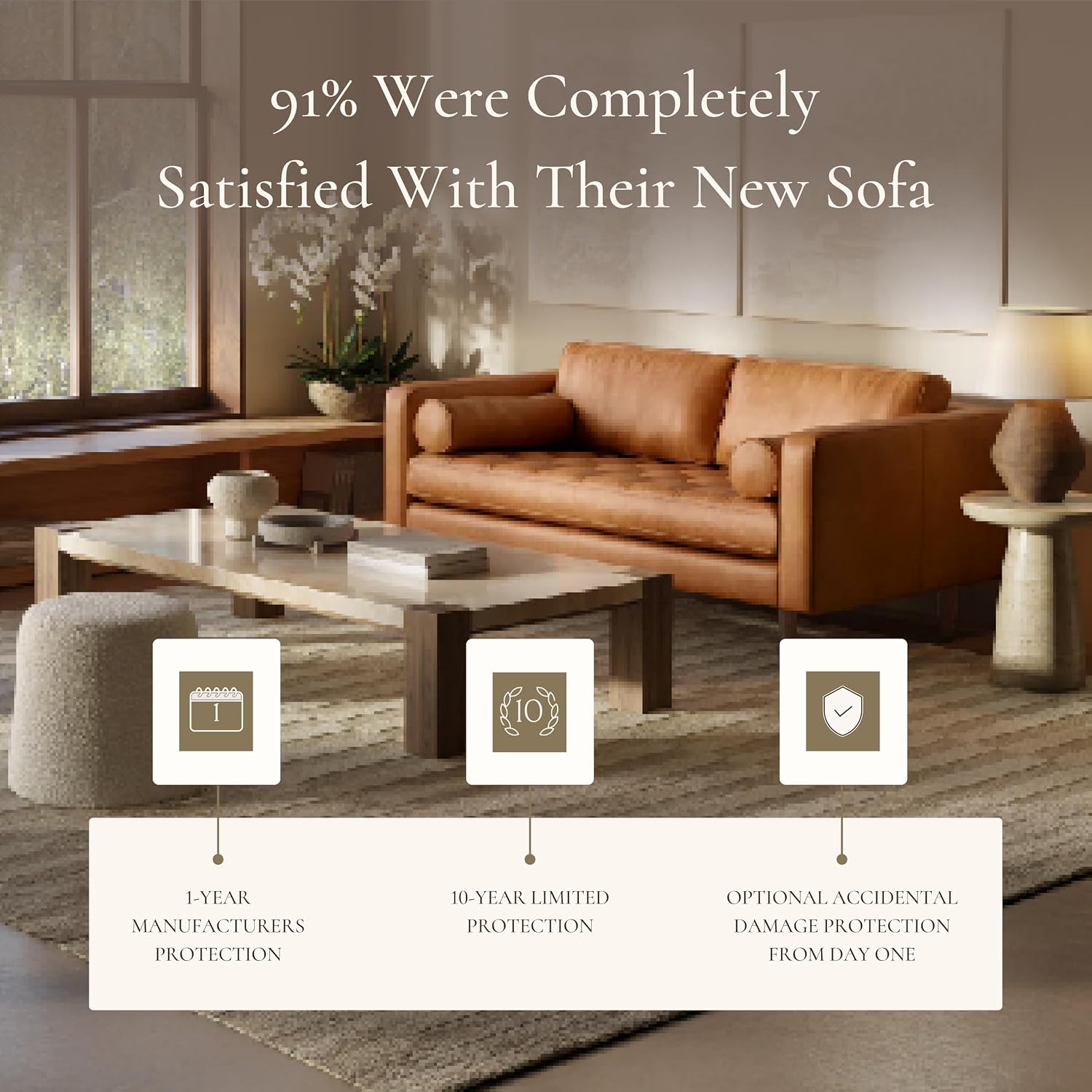 POLY & BARK Napa 72' Leather Sofa – Full-Grain Italian-Tanned Aniline Leather, Feather-Down Comfort, Solid Wood Frame, Walnut Legs, Cognac Tan