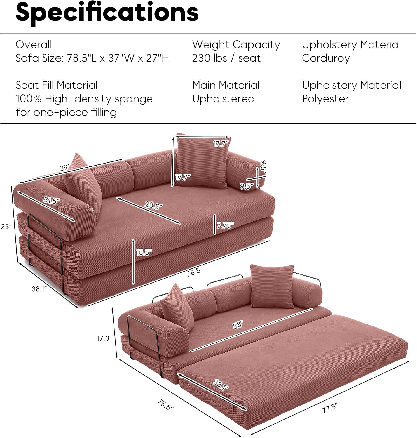 ZEIINPA 78.5 Inch Convertible Sleeper Sofa Bed, 5 in-1 Boneless Floor Couch Bed with Fixed-Shape Frame, Modular Futon Couch for Living Room, Apartments, RV Studio, Bedroom, Small Spaces, Pink