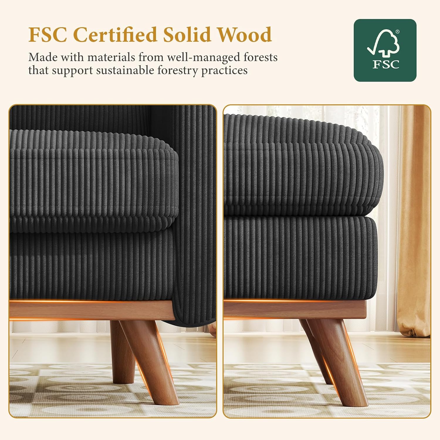 Vesgantti 38.5' Accent Chair with Movable Ottoman, Comfy Corduroy Armchair with Spring Cushion, Reading Chair with Ottoman, Modern Single Sofa for Living Room, Bedroom and Apartment, Black
