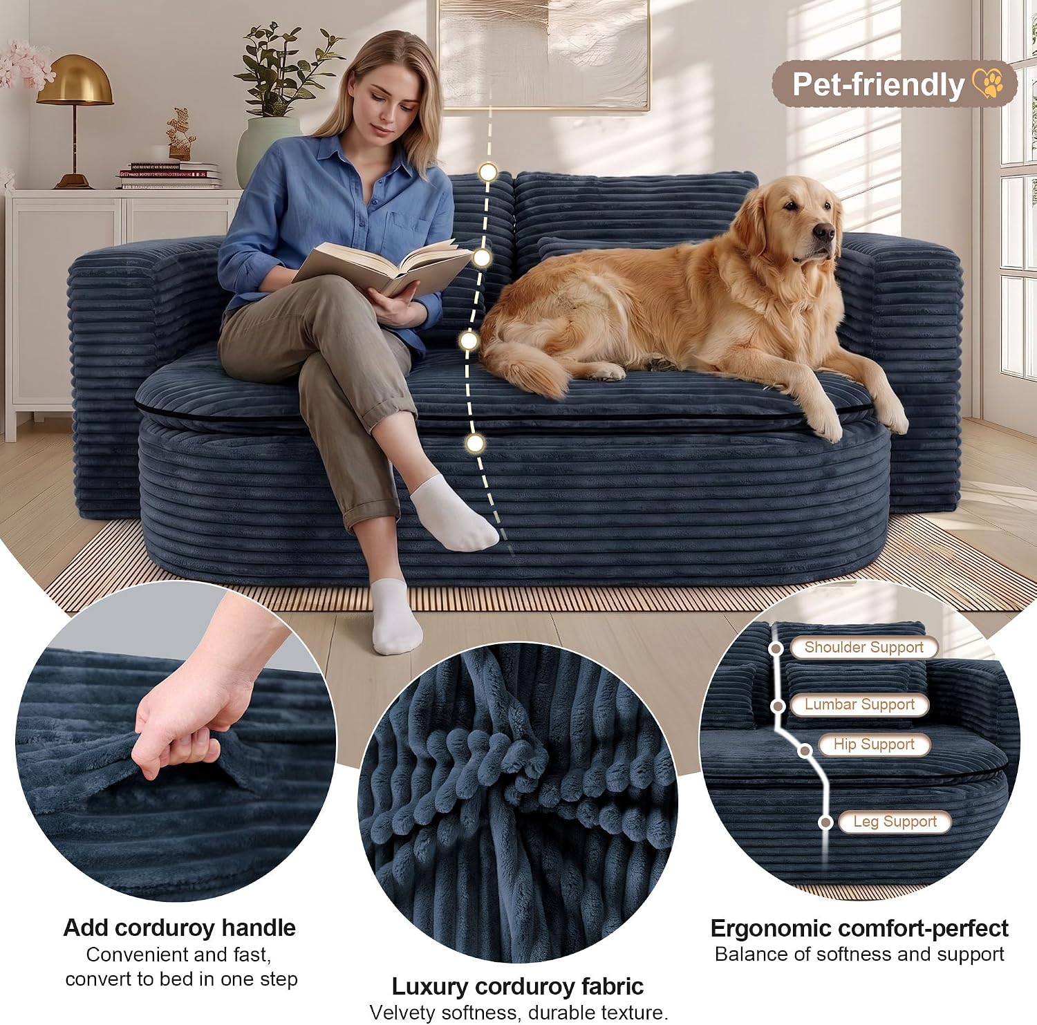 75'' Folding Sleeper Sofa Bed, Convertible Memory Foam Boneless Couch, Foldable Full Size Guest Bed, Modern 2-in-1 Futon Floor Sleeper Sofa with 4 Pillows and Blanket (Corduroy, Blue)