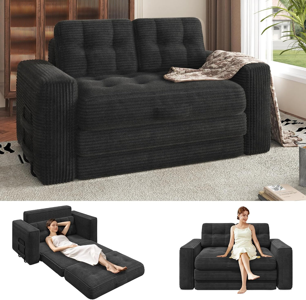 Convertible Sofa Bed, 2 in 1 Boneless Couch Bed with 2 Pillows, Corduroy Pull out Couch Folding Sofa Bed with Deep Seat, Small Loveseat Sleeper Sofa Bed in a Box for Small Spaces, No Assembly Required