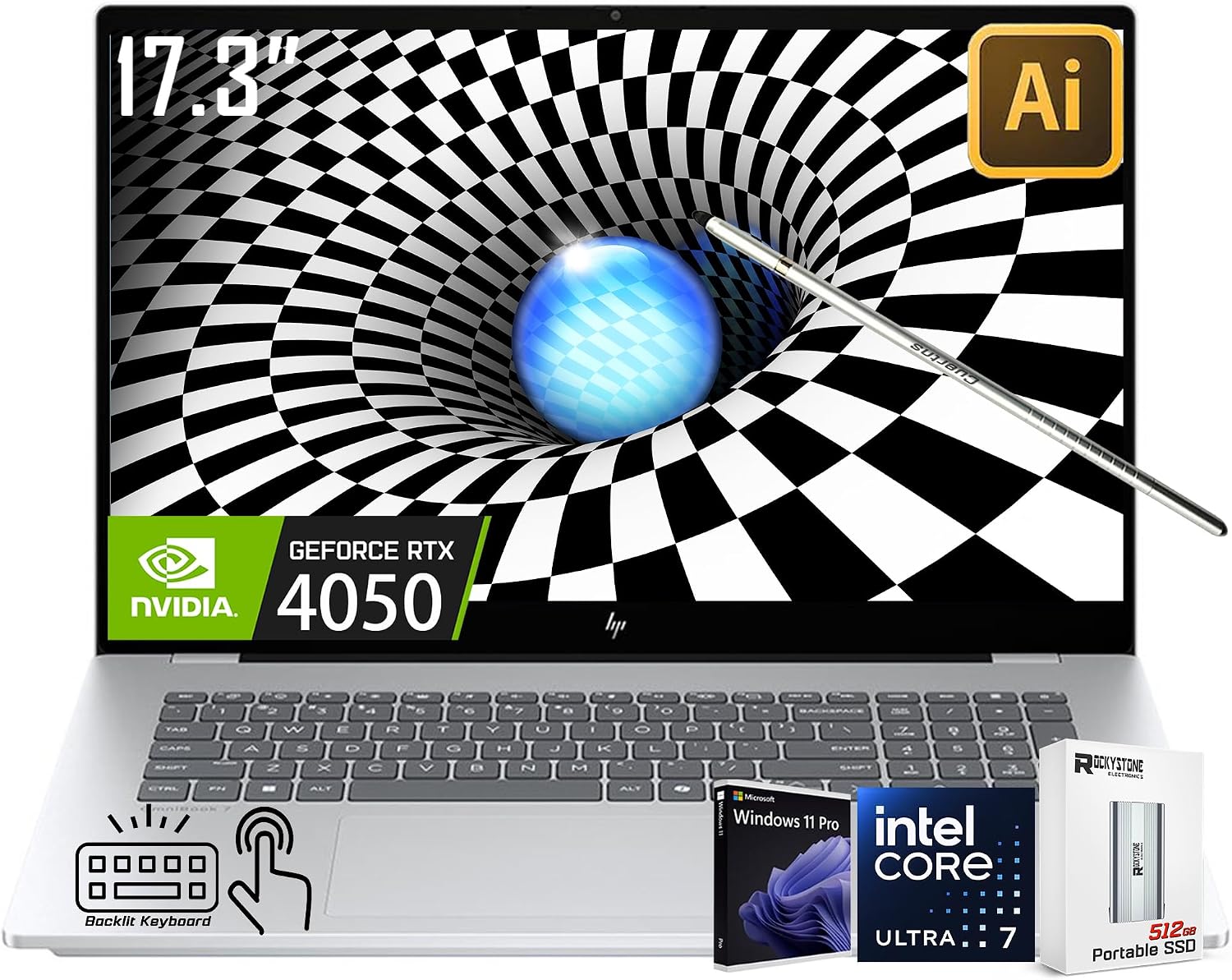 HP OmniBook 7 17.3' (Next Gen Envy17) AI Copilot PC Touchscreen Gaming Laptop, GeForce RTX 4050, Intel Evo 8-Core Ultra 7 258V(>Ultra 9 185H), 5MP Webcam, W/512GB PSD&Stylus, Win11 PRO(32GB|1TB SSD)