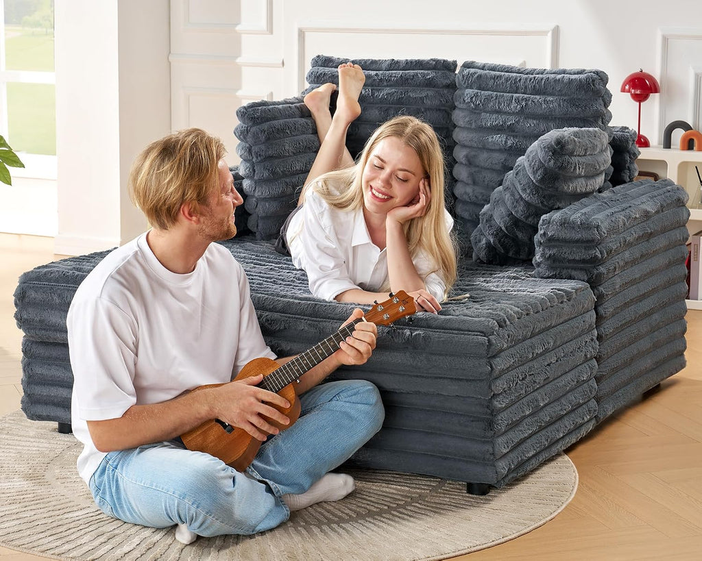 VanAcc 58-Inch Faux Fur Convertible Sofa Bed, Plush Chaise Lounge with Removable Pillows and Armrests for Living Room, Dark Grey