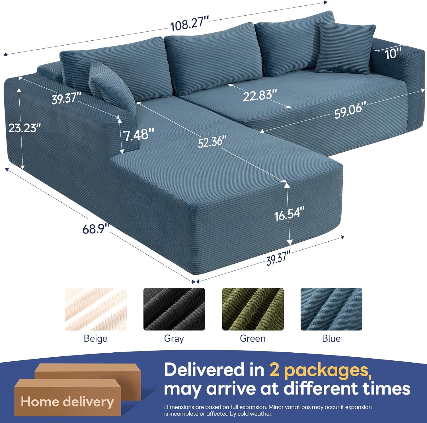 Brage Living 2025 New 108' Cloud Couch Sectional, Comfy Boneless Modular Sectional Sofa with L-Shaped Chaise, Deep Seat Couch for Living Room, No Assembly Required (Blue, Left Facing Chaise)