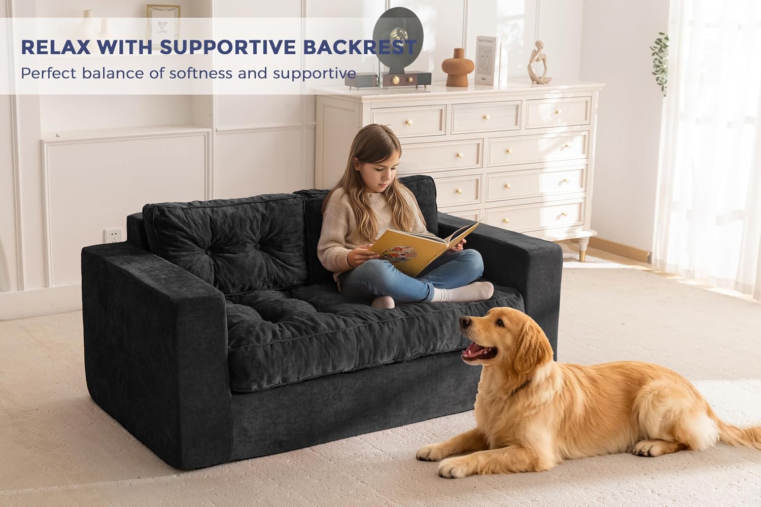 MAXYOYO Boneless Sofa Couch, Loveseat Sofa for Small Space, Tufted 2-Seater Floor Couch Bean Bag Chair for Living Room Bedroom Apartment, Sofa in a Box, No Assembly Needed, Black