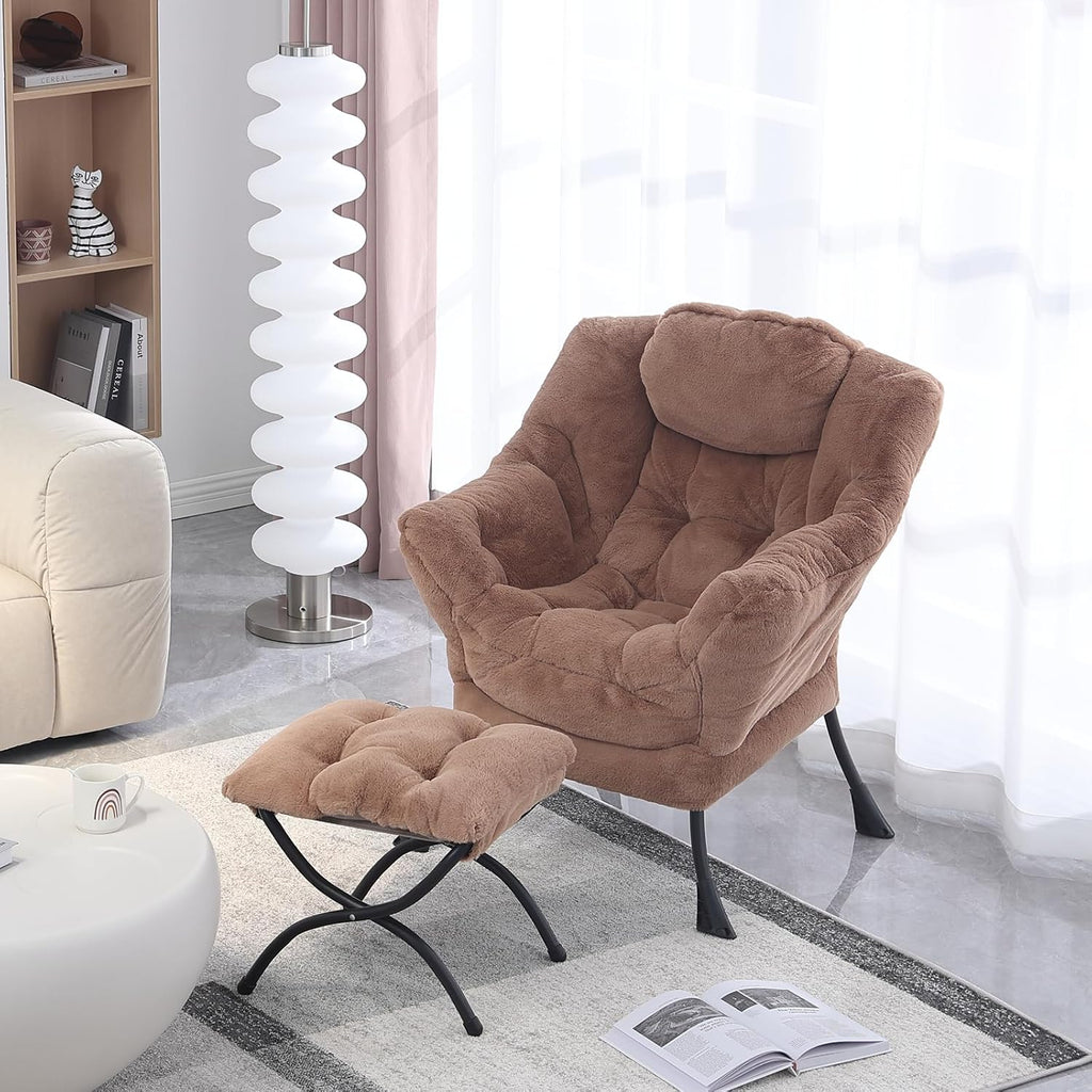 MBOOYOME Lazy Chair with Ottoman, Modern Accent Lounge Armchair with Side Pocket & Foldable Footstool, Leisure Reading Chair for Living Room, Bedroom, Dorm & Office, Plush Brown