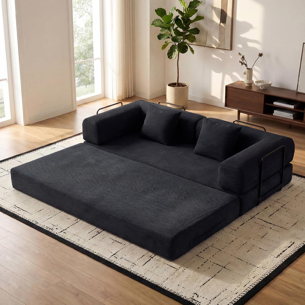 ZEIINPA Convertible Sleeper Sofa Bed with Fixed-Shape Frame, Corduroy Folding Boneless Couch with Cylindrical Pillow, Comfy Floor Sofa Couch for Living Room, No Assembly Required, Black