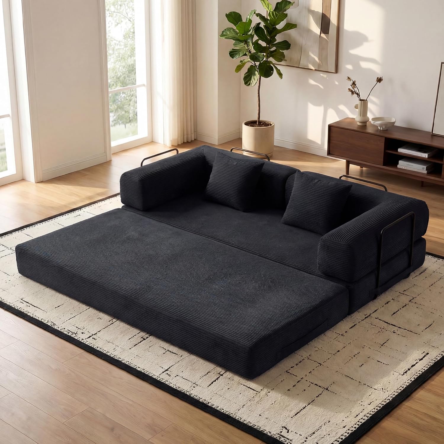 ZEIINPA Convertible Sleeper Sofa Bed with Fixed-Shape Frame, Corduroy Folding Boneless Couch with Cylindrical Pillow, Comfy Floor Sofa Couch for Living Room, No Assembly Required, Black