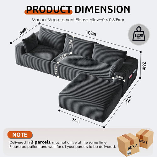 108' Cloud Couch Modular Sectional Sofa for Living Room,L Shaped Boneless Couch with Deep Seat Chaise,No Assembly Required Foam Sleeper Sofa for Apartments,Plush Corduroy Fabric, Dark Gray