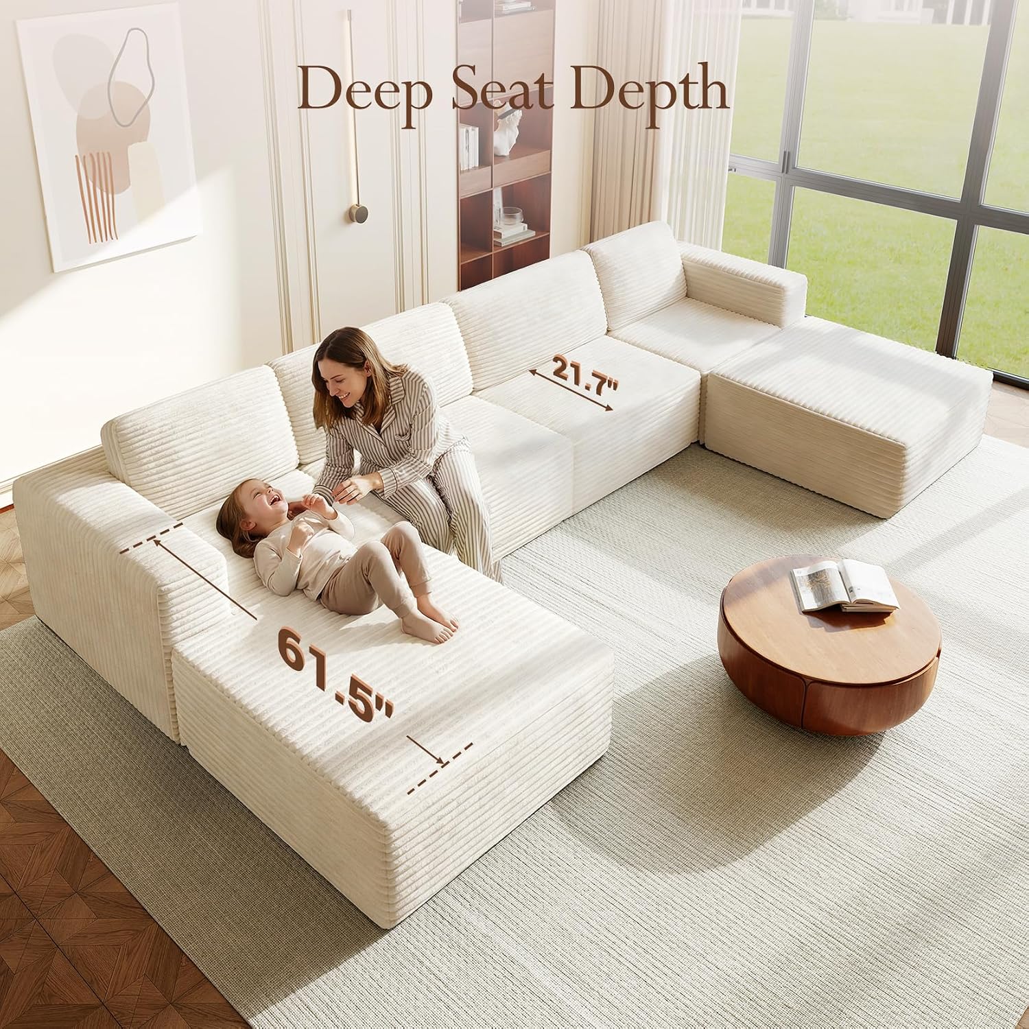 Vesgantti 159' Large Modular Sectional Sofa, U-Shaped Corduroy Cloud Couch with Deep Seats & Spring Support, 4-Seater Boneless Sofa with 2 Movable Ottomans, No Assembly Needed, Beige