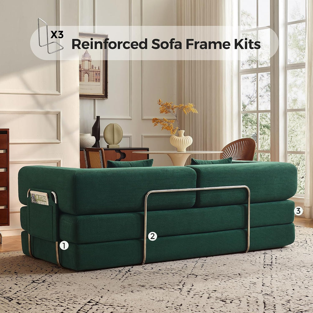 Carzzi-Life 79' Convertible Sofa Bed with Pillows, Corduroy Folding Sleeper Sofa with Fixed-Shape Frame, Boneless Couch for Living Room Bedroom, Floor Sofa Lounge No Assembly Required (Green)