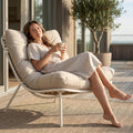 SWITTE Wicker Chaise Lounge Chair, Outdoor Comfy Papasan Recliner with Thick Cushion, Low Seat Patio Rattan Chair for Balcony, Backyard, Poolside - Cream