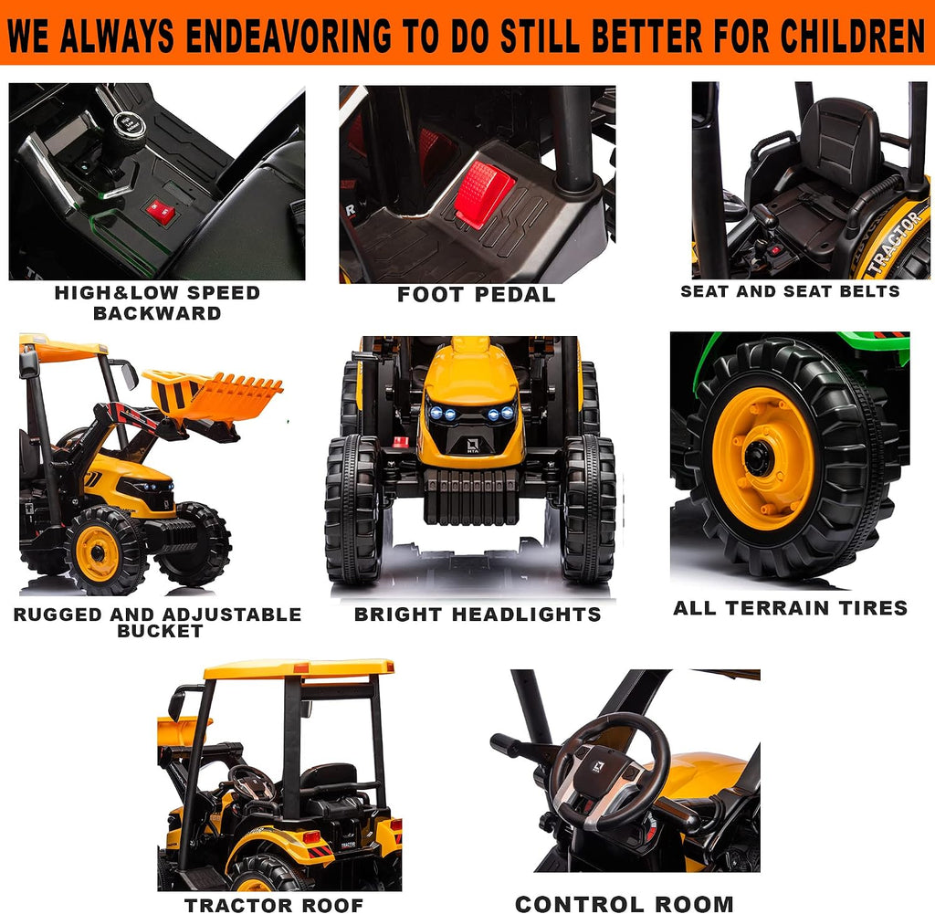Kidsera 24V Ride on Tractor with Front Loader, Ride On Excavator with 24volt Dual Motors 4-Gearbox Metal Frame Kids Electric Vehicles 24V Power Wheels 24v Ride on Toys for Big Kids (Yellow)