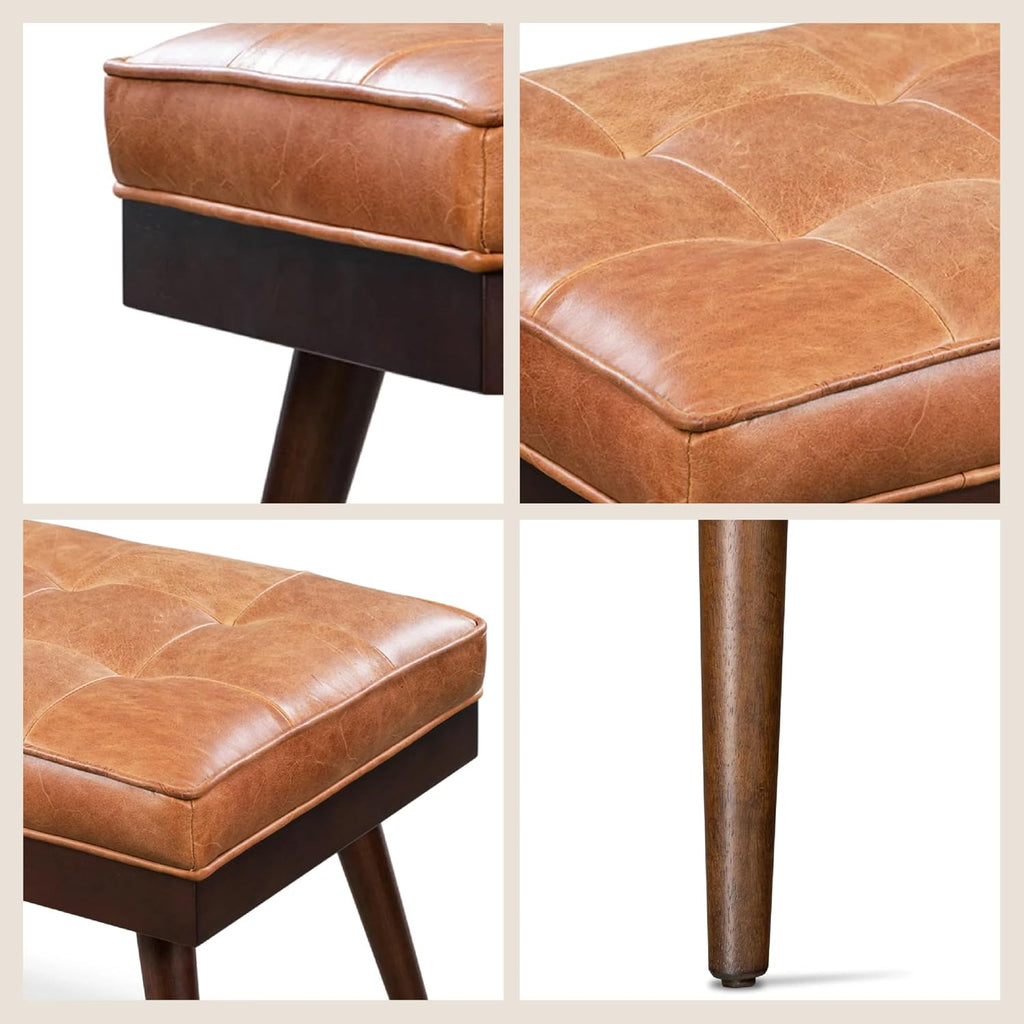Poly & BARK 55' Tufted Leather Bed Bench for Bedroom End of Bed - Living Room Entry Way Bench - Pure Italian Leather Upholstery with a Solid Wood Frame - Ottoman Bench with Wooden Legs - Cognac Tan