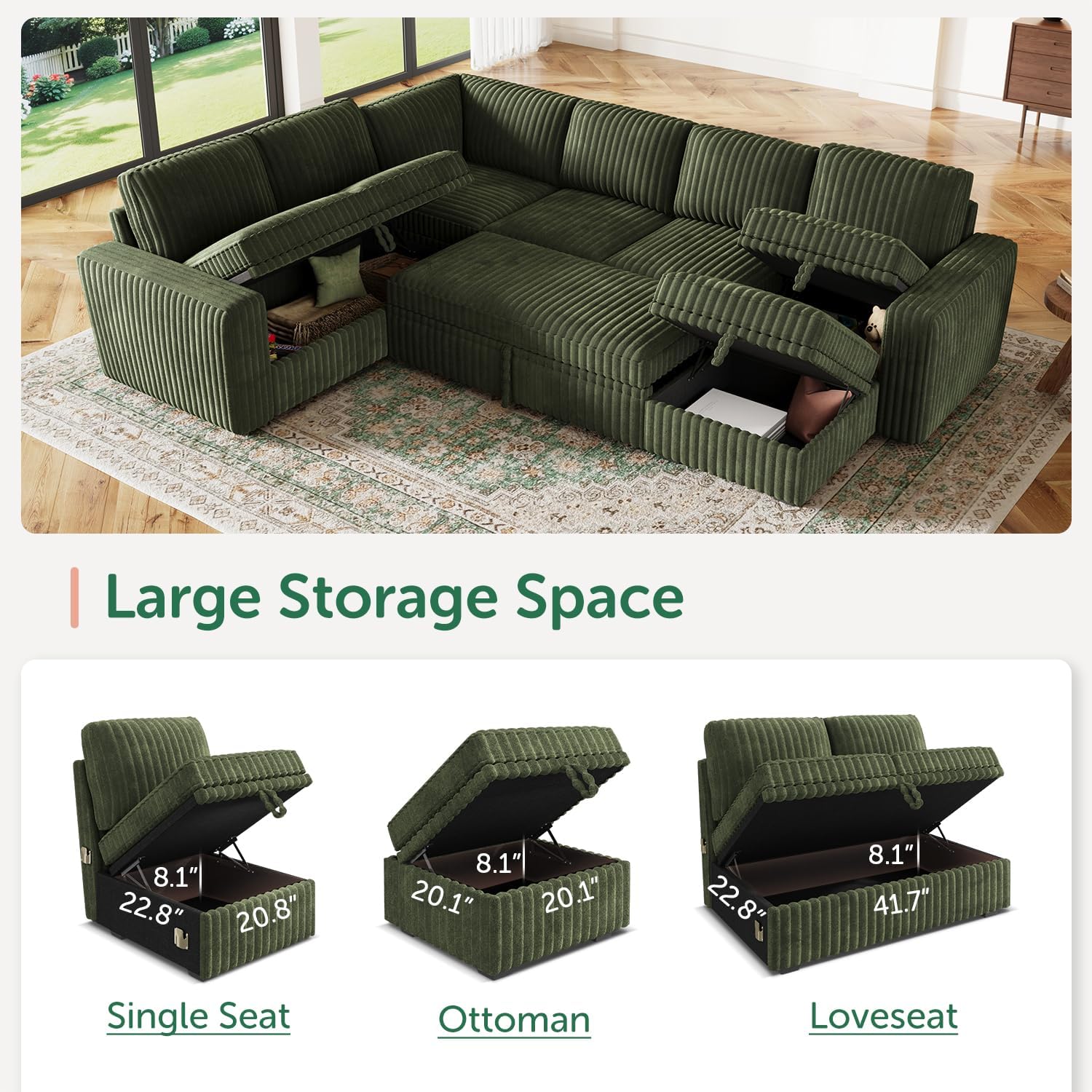 HONBAY Modular Sectional Sleeper Sofa with Pull Out Bed,Corduroy U Shaped Couch with Storage, Sectional Couches for Living Room,Green