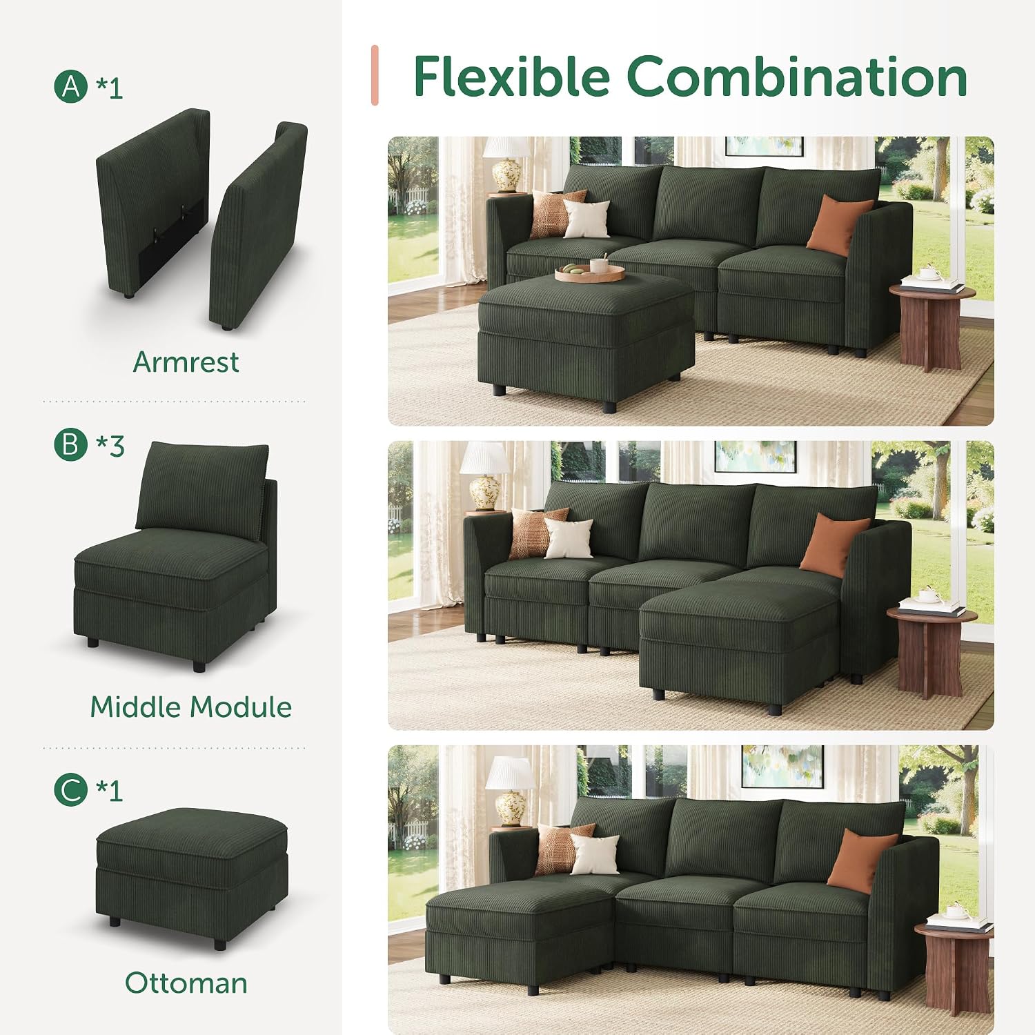 HONBAY Modular Sectional Sofa with Storage L Shaped Sectional Sofa, Convertible Couches for Living Room - Green