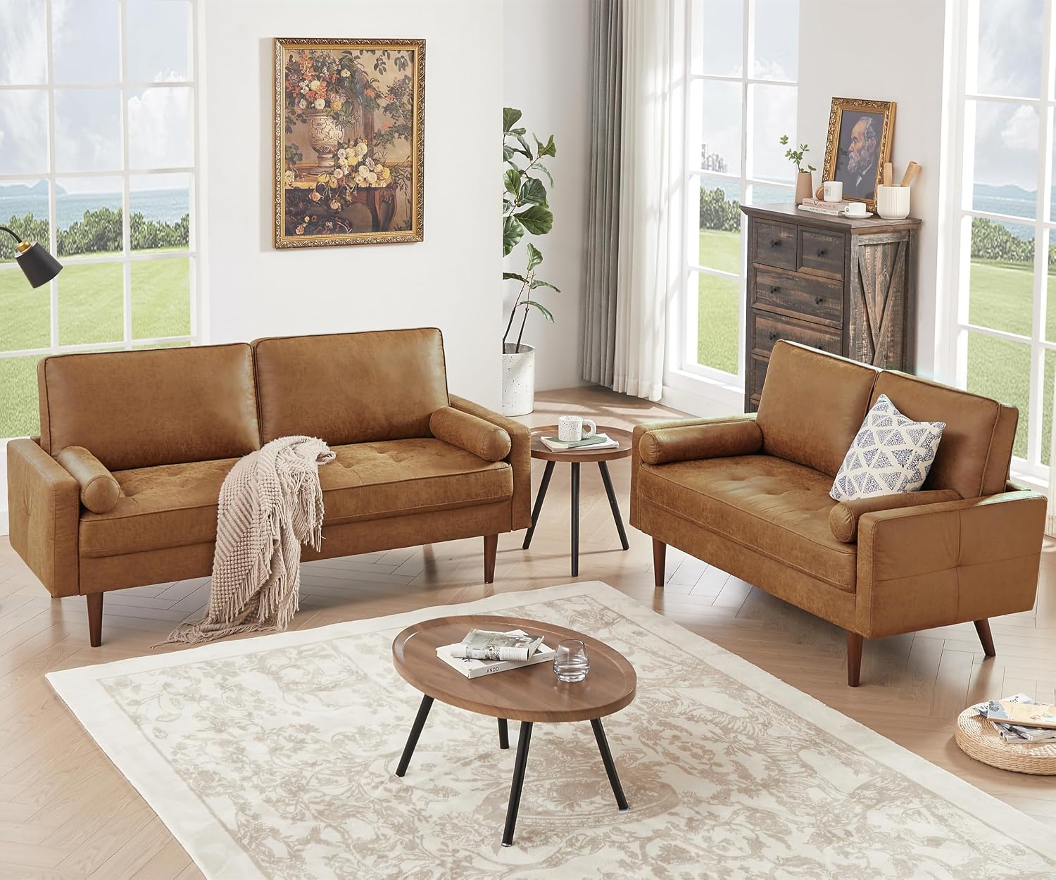 HIFIT 58' Loveseat Sofa Couch, Mid Century Modern Faux Leather Couch with Hand-Sewn Deep Love Seat & 2Pillows, Home Sofa Living Room Small Couches for Small Space,Bedroom,Office,Solid Wood Frame,Brown