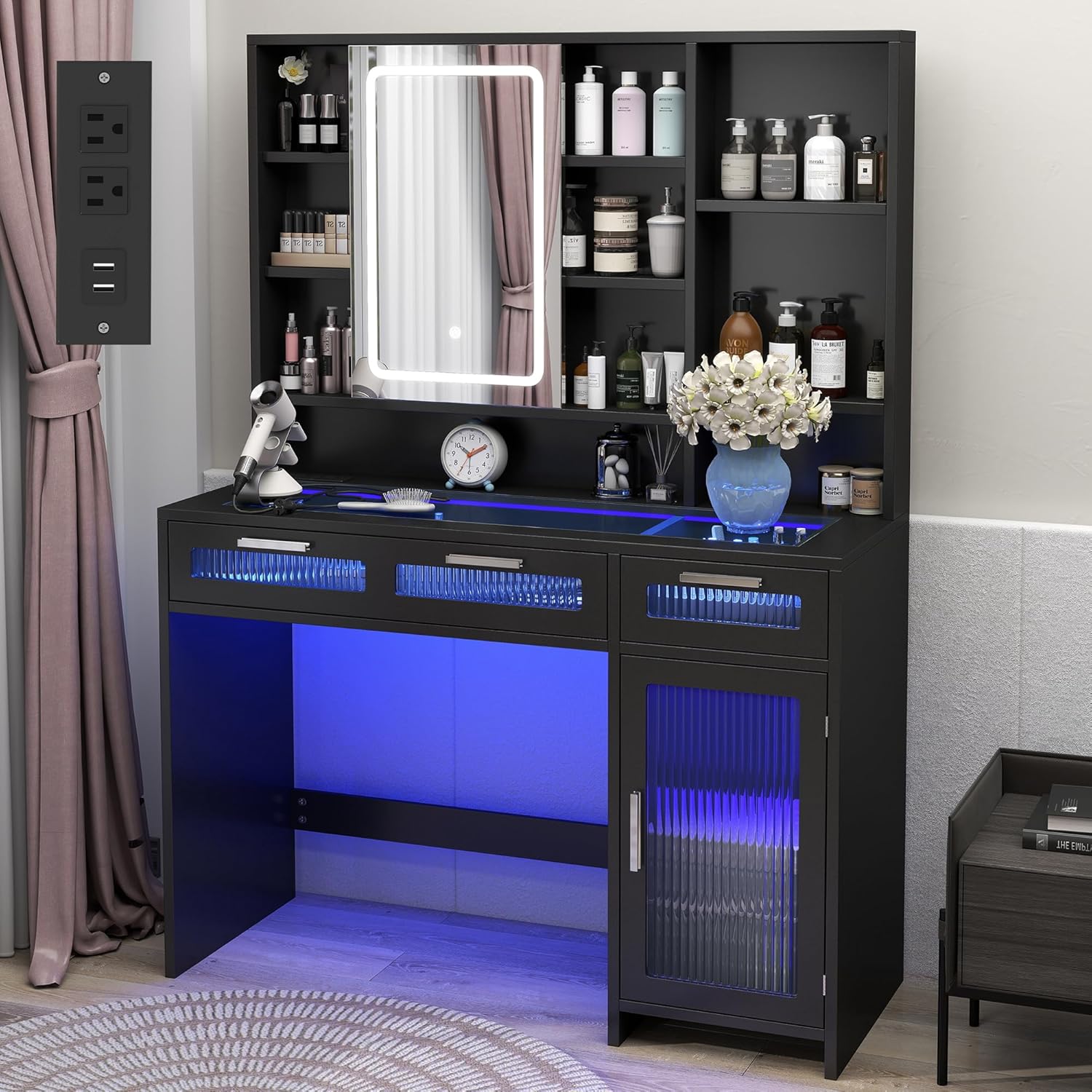 Hadulcet Black Vanity Desk with Mirror and Lights, 43' Makeup Vanity Desk with Glass Top, Power Outlets, 2 Drawers, 10 Shelves & Acrylic Cabinet, LED Vanity Table for Girls Women Gift