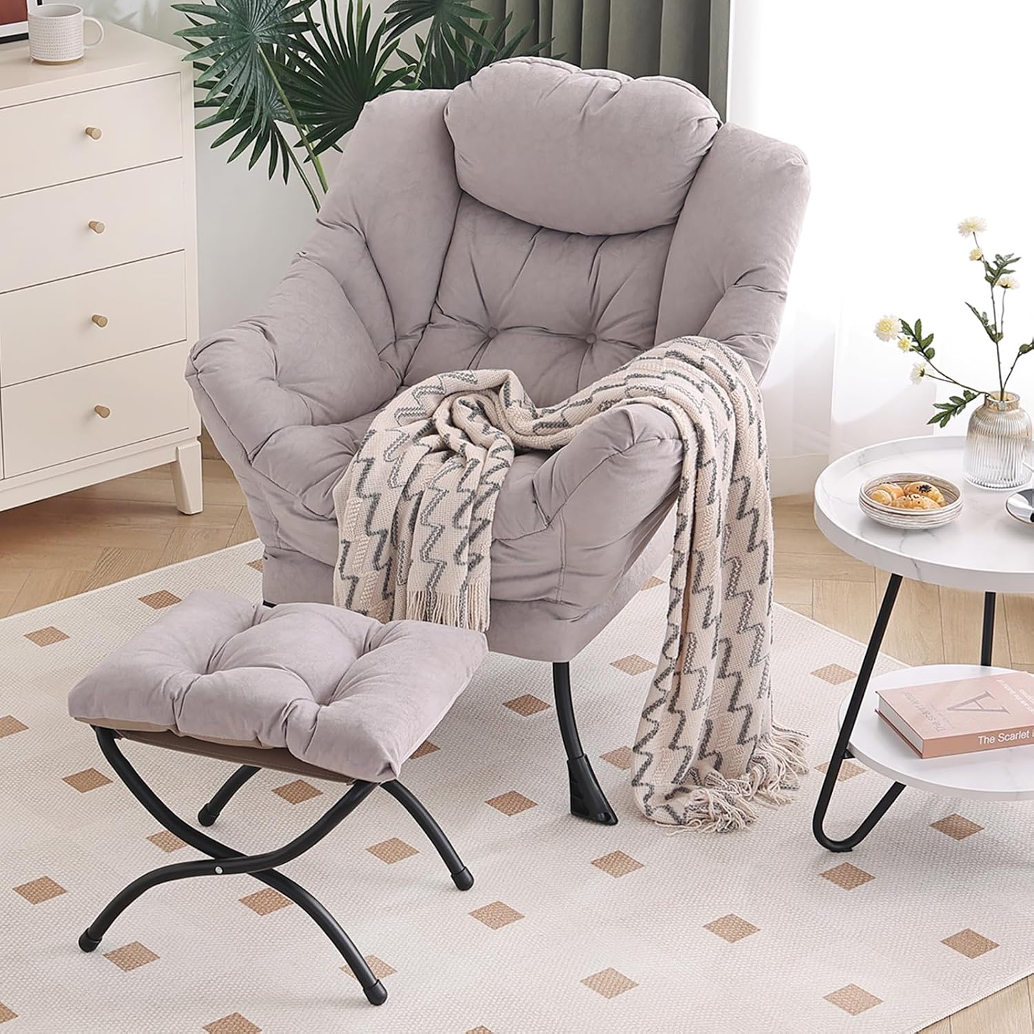Furlide Lazy Chair with Ottoman, Modern Chair with Folding Footrest, Lounge Accent Chair, Comfortable Reading Chair, Oversized Armchairs for Bedroom, Study, Living Room, Courtyard (Light Grey)