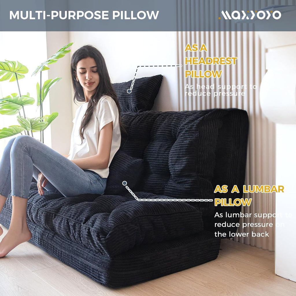 MAXYOYO Folding Sofa Bed, Tufted Bean Bag Bed with Pillows Floor Mattress for Adults, Extra Thick and Long Floor Sofa, Full Floor Couch Bed for Bedroom Living Room, Black, 54x91 Inch
