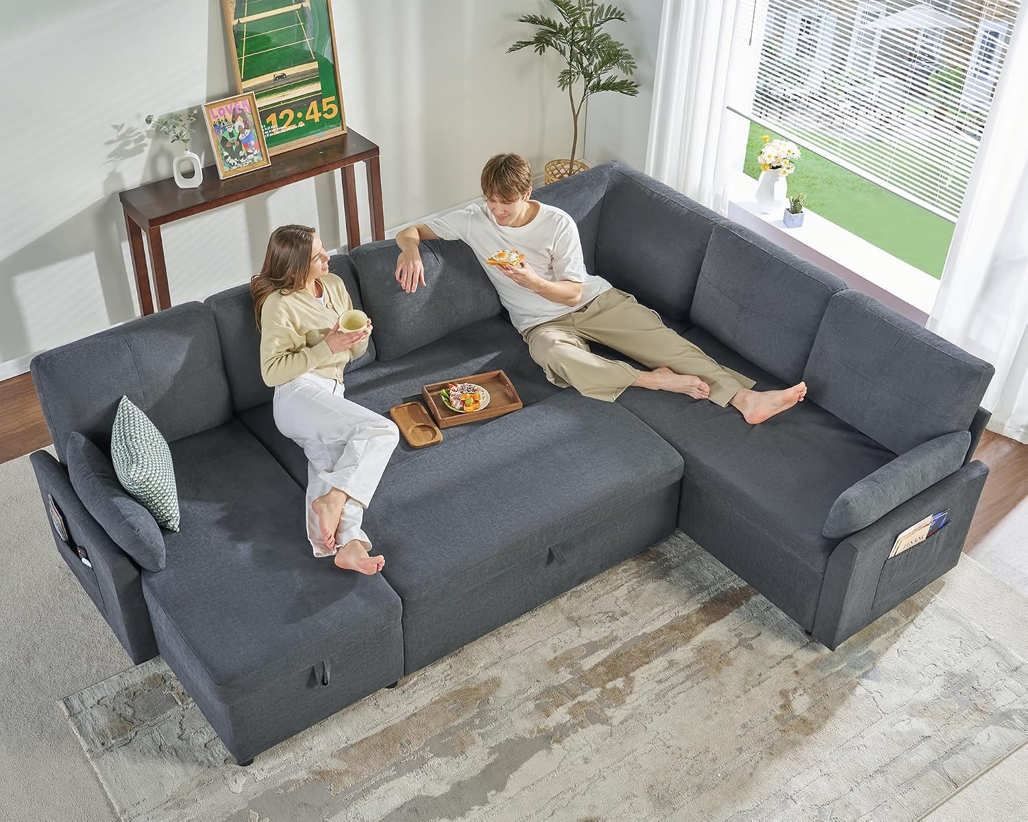 AMERLIFE 112 inch Sleeper Sofa, 2-in-1 Sofa Bed with Storage Chaise, Oversized U Pull Out Shape Sofa Couch for Living Room, Guest Room, Linen Grey