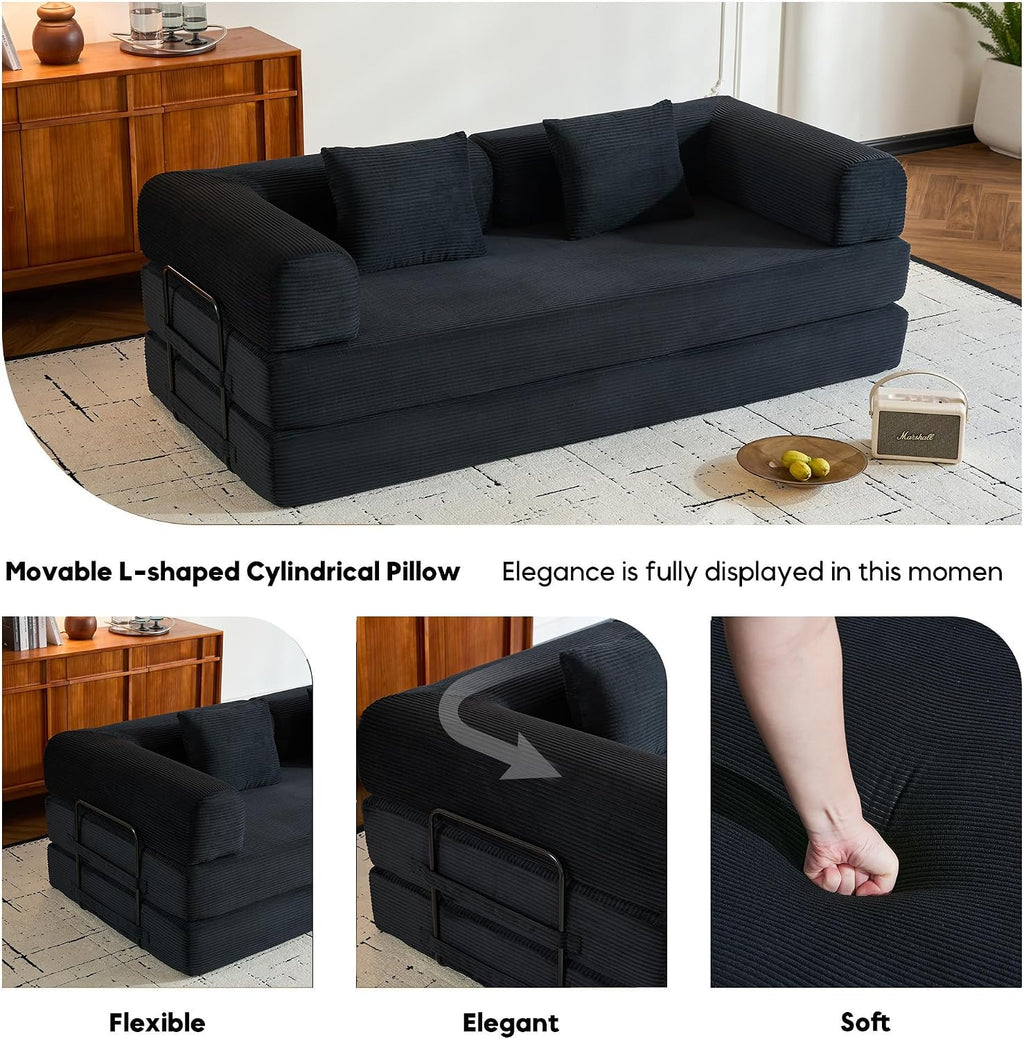ZEIINPA Convertible Sleeper Sofa Bed with Fixed-Shape Frame, Corduroy Folding Boneless Couch with Cylindrical Pillow, Comfy Floor Sofa Couch for Living Room, No Assembly Required, Black