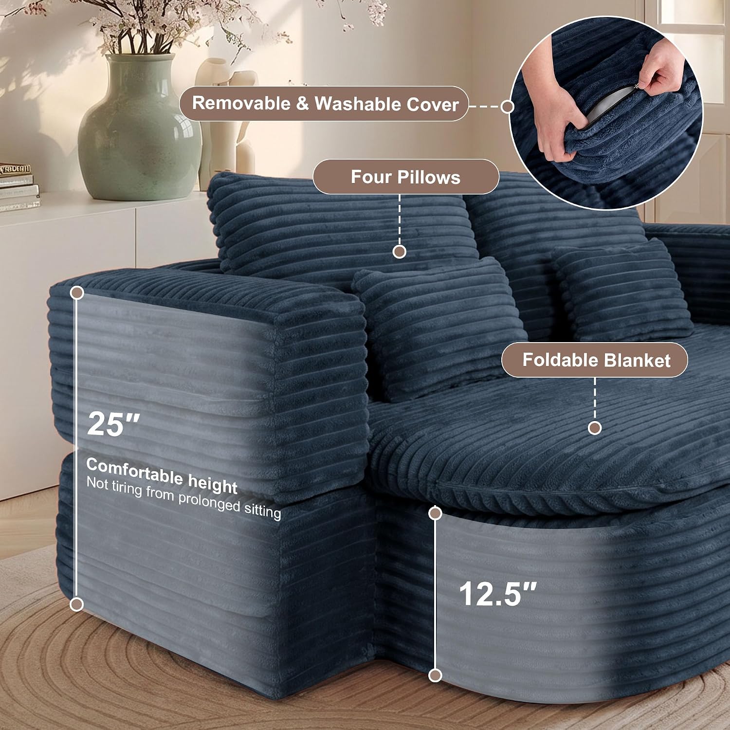 75'' Folding Sleeper Sofa Bed, Convertible Memory Foam Boneless Couch, Foldable Full Size Guest Bed, Modern 2-in-1 Futon Floor Sleeper Sofa with 4 Pillows and Blanket (Corduroy, Blue)