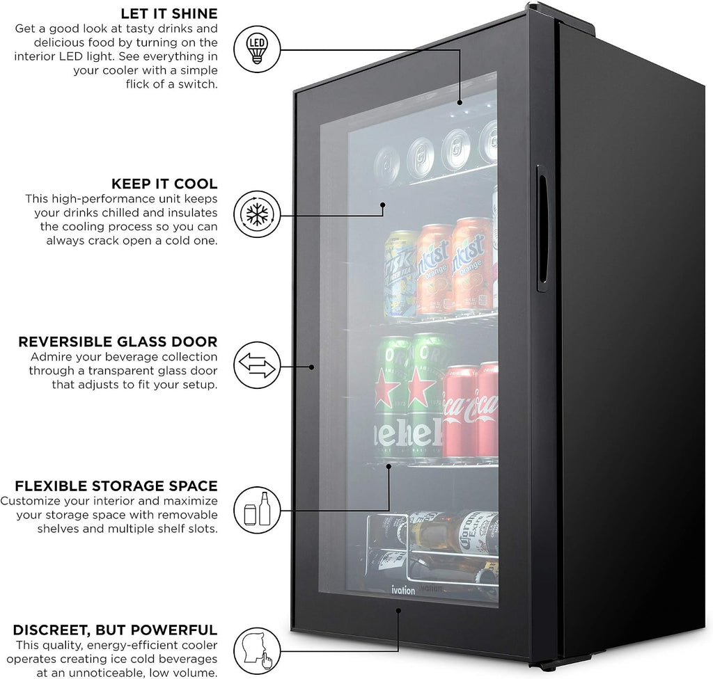 Ivation 101 Can Beverage Refrigerator , Freestanding Ultra Cool Mini Drink Fridge , Beer, Cocktails, Soda, Juice Cooler for Home and Office , Reversible Glass Door and Adjustable Shelving - Black,IVABC1010B
