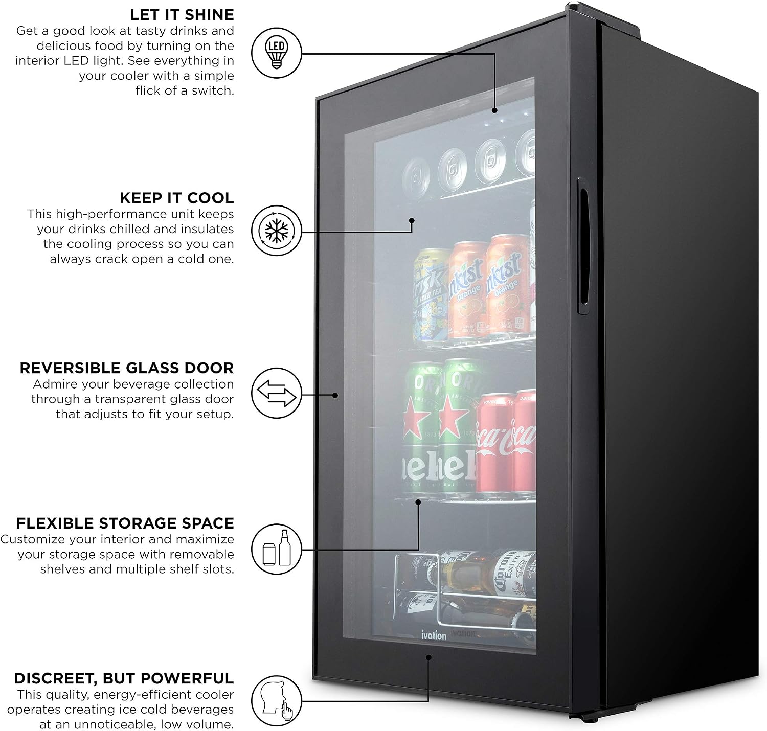 Ivation 101 Can Beverage Refrigerator , Freestanding Ultra Cool Mini Drink Fridge , Beer, Cocktails, Soda, Juice Cooler for Home and Office , Reversible Glass Door and Adjustable Shelving - Black,IVABC1010B