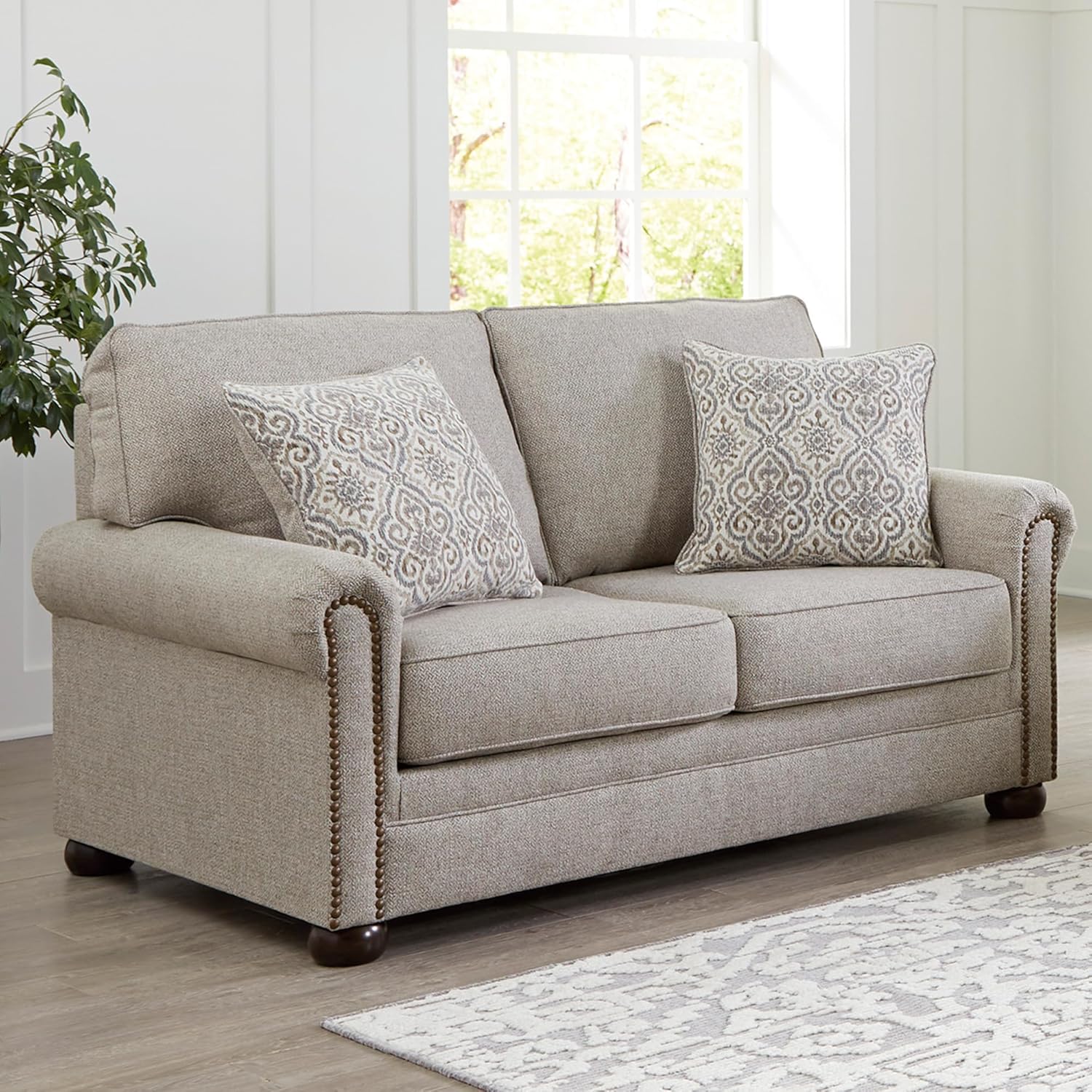 Signature Design by Ashley Gaelon Transitional Loveseat with Nailheads and 2 Accent Pillows, Beige
