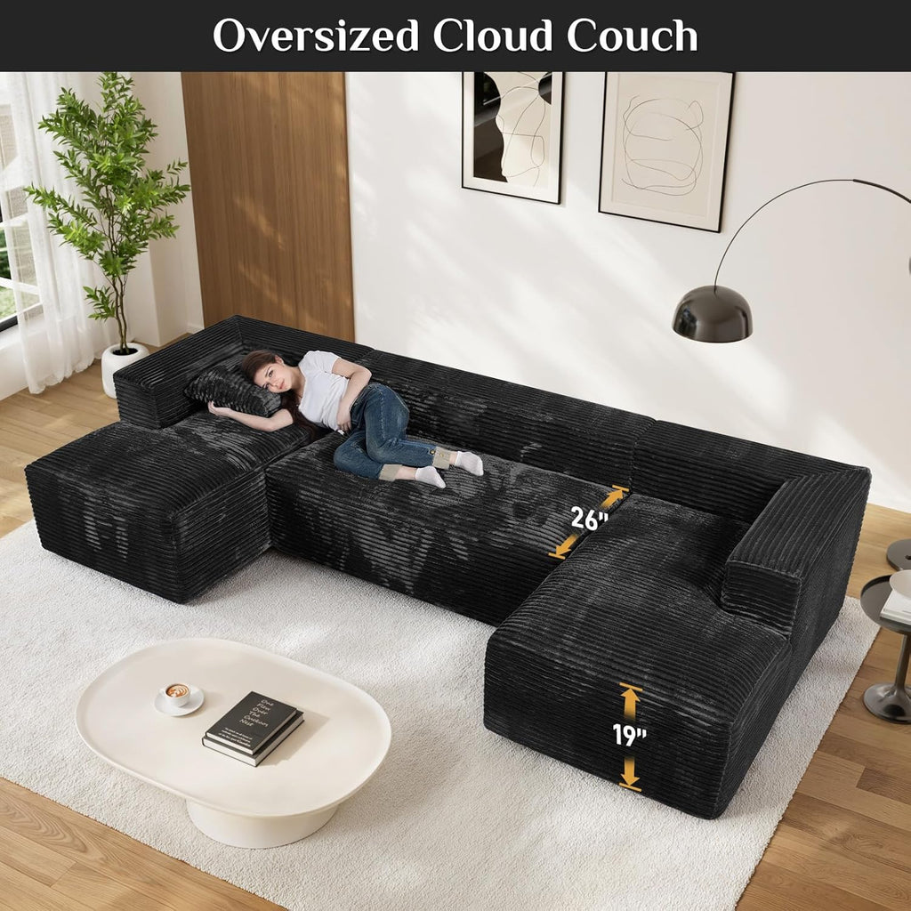 131' Oversized U Shaped Cloud Sectional Couches for Living Room, Comfy Fluffy Corduroy Black Boneless Sectionals Couch, Plush Memory Foam Modular Sectional Sofa with Chaise- 19' Seat Height