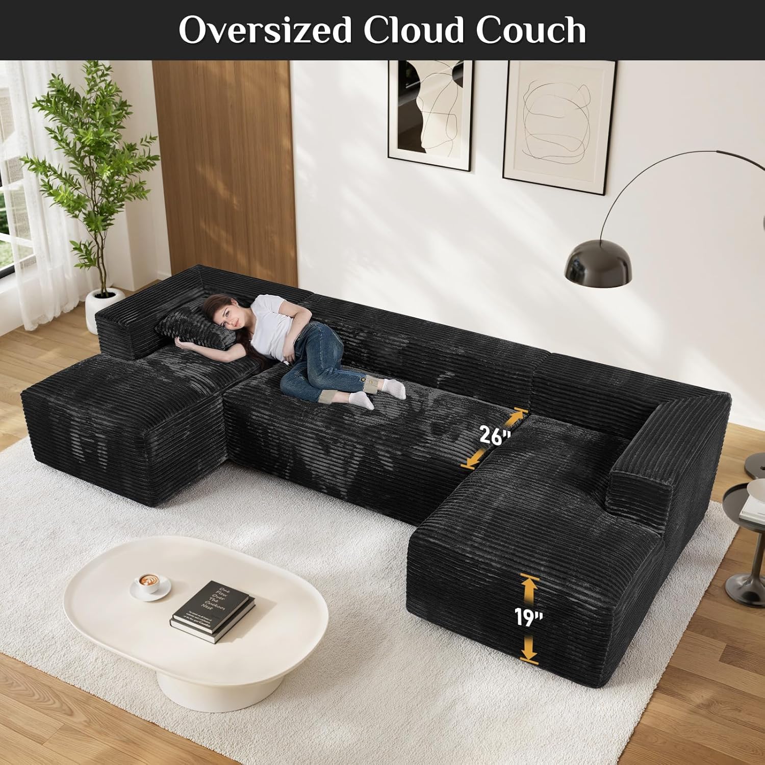 131' Oversized U Shaped Cloud Sectional Couches for Living Room, Comfy Fluffy Corduroy Black Boneless Sectionals Couch, Plush Memory Foam Modular Sectional Sofa with Chaise- 19' Seat Height