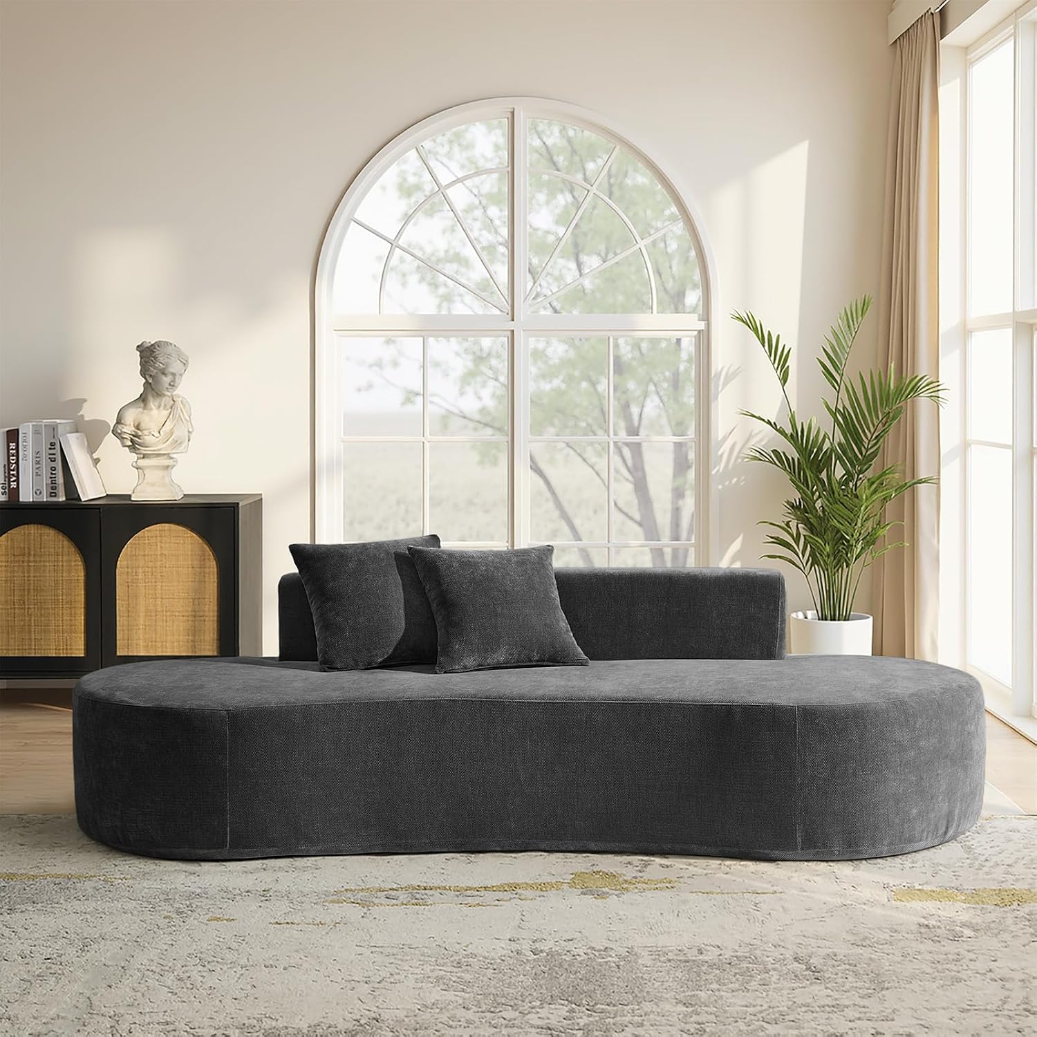 HULALA HOME 94.5' Curved Boneless Couch with Two Pillows, Oversized 3 Seater Compressed Foam Sofa with Deep Seat, Modern Cloud Couch for Living Room, No Assembly Required, Charcoal