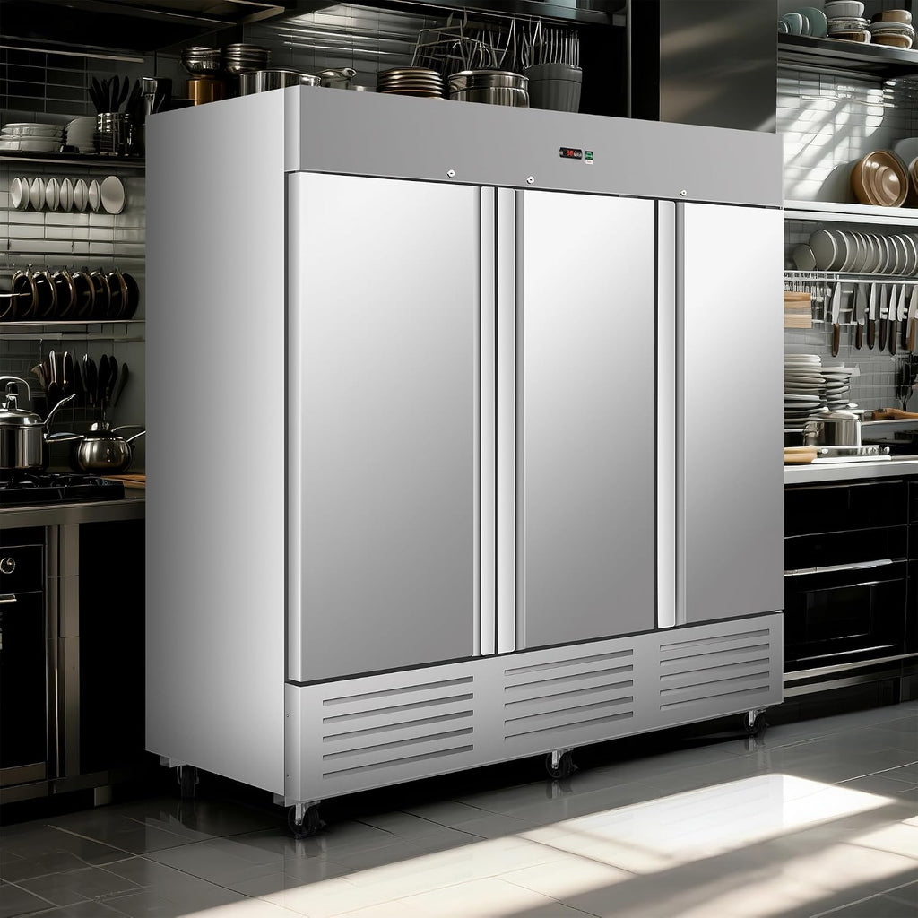 DeepTide 81' W Commercial Upright Refrigerator with Three-Door: 68 Cubic Feet Storage, Adjustable Shelving, Automatic Defrosting, Precision Digital Thermostat, LED Lights, Safety Locks