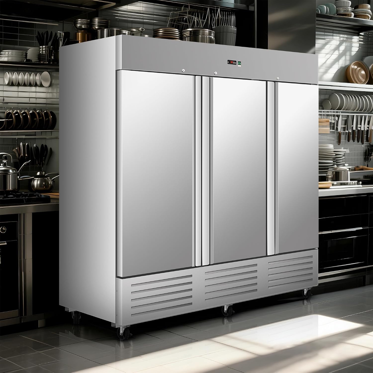 DeepTide 81' W Commercial Upright Refrigerator with Three-Door: 68 Cubic Feet Storage, Adjustable Shelving, Automatic Defrosting, Precision Digital Thermostat, LED Lights, Safety Locks