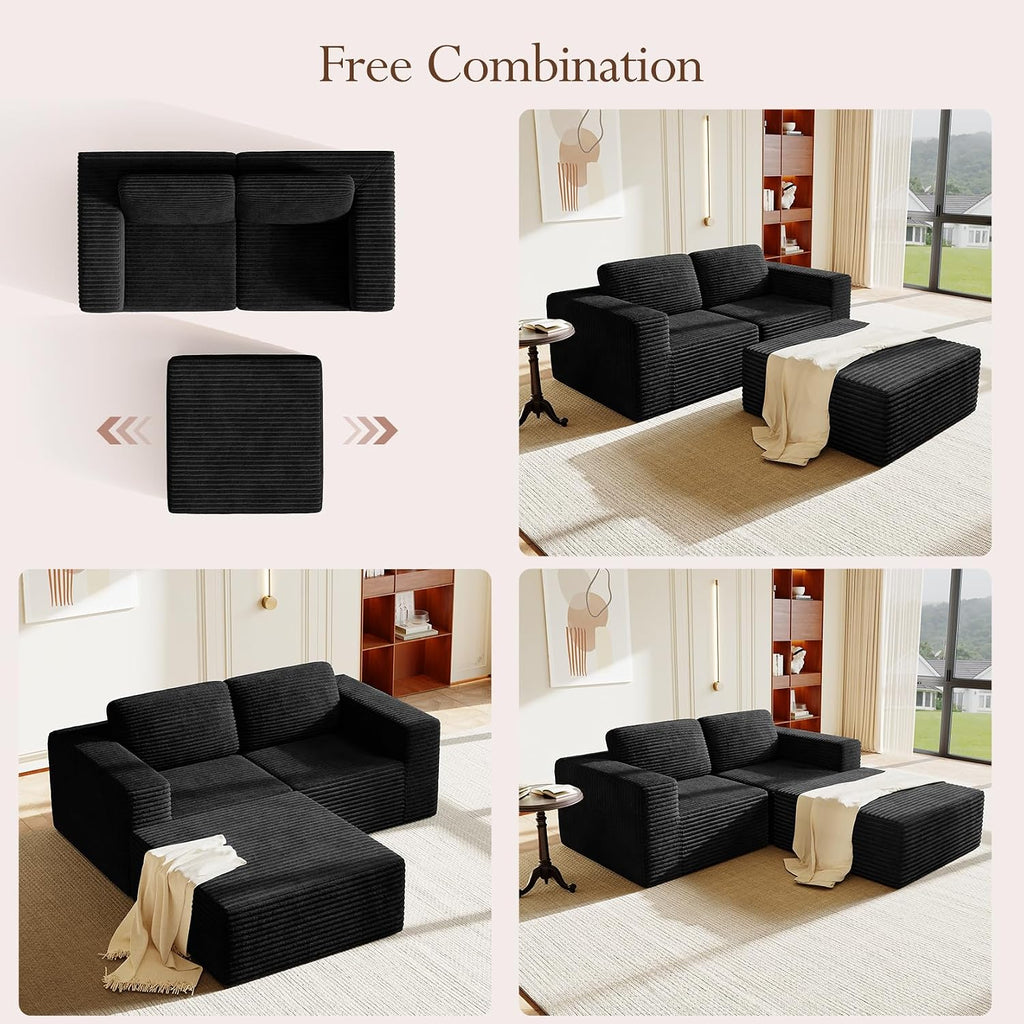 Vesgantti 80' Modular Sectional Sofa, Corduroy Cloud Couch with Deep Seats & Spring Support, Compact 2 Seater Boneless Couch, L-Shaped Modular Sofa for Small Spaces, Apartments, No Assembly, Black