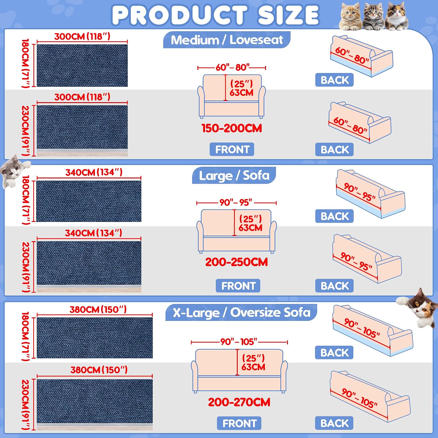Cat Scratch Furniture Protector - Anti-Slip, Waterproof Sofa Cover to Keep Cats Off, Pet-Friendly Couch Protectors for 3 Cushion Couch, Anti-Scratch Couch Cover for Pets and Kids 150'X91'Navy Blue
