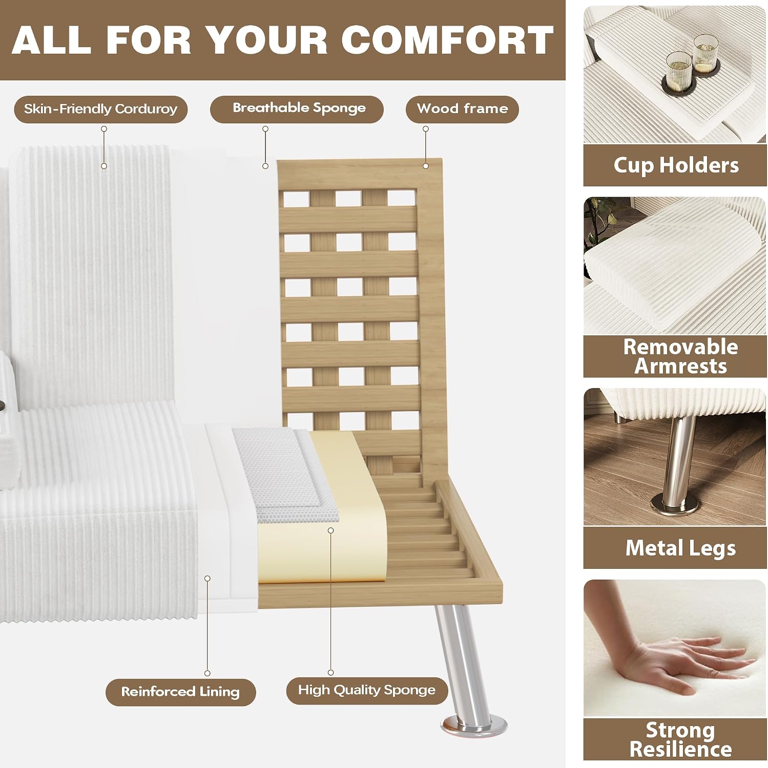 Homall Futon Sofa Bed, Futon Couch with Removable Armrests, Adjustable Recliner Sleeper Sofa Bed with Dual Cup Holders for Living Room, Apartment, Office (Corduroy, White)