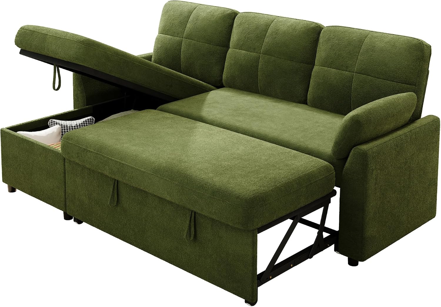 VanAcc Sleeper Sofa, Sofa Bed with Storage Chaise, Convertible Sofa Bed with Pull Out Couch, l Shaped Couch for Living Room, Linen Green