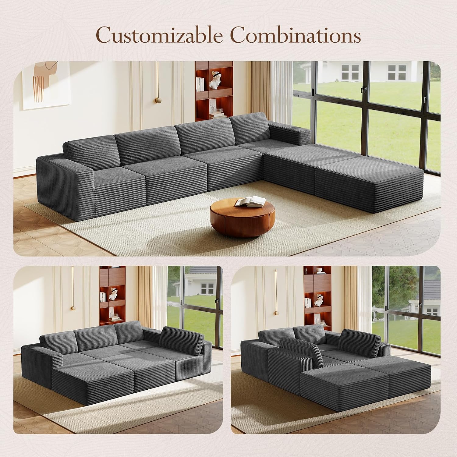 Vesgantti 159' Large Modular Sectional Sofa, U-Shaped Corduroy Cloud Couch with Deep Seats & Spring Support, 4-Seater Boneless Sofa with 2 Movable Ottomans, No Assembly Needed, Grey
